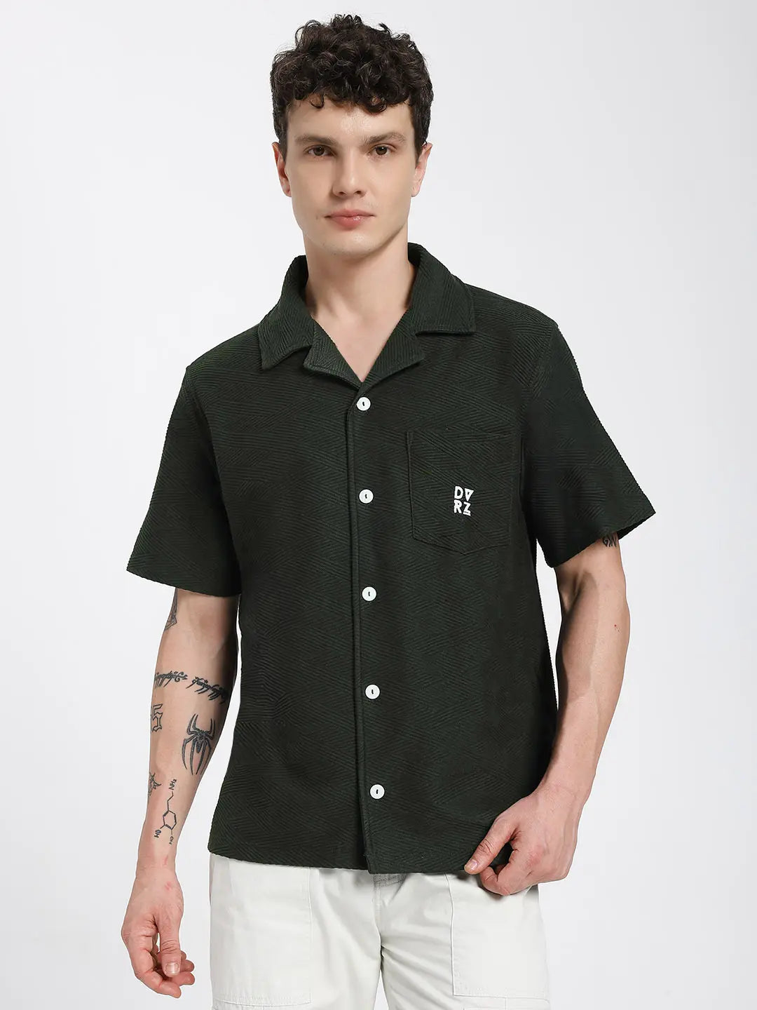 Emerald Green Textured Bowling Shirt for Men