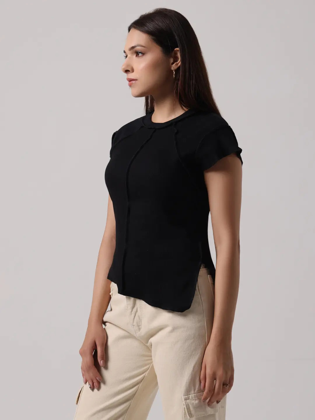 Black Reversible Exposed Stitch Top