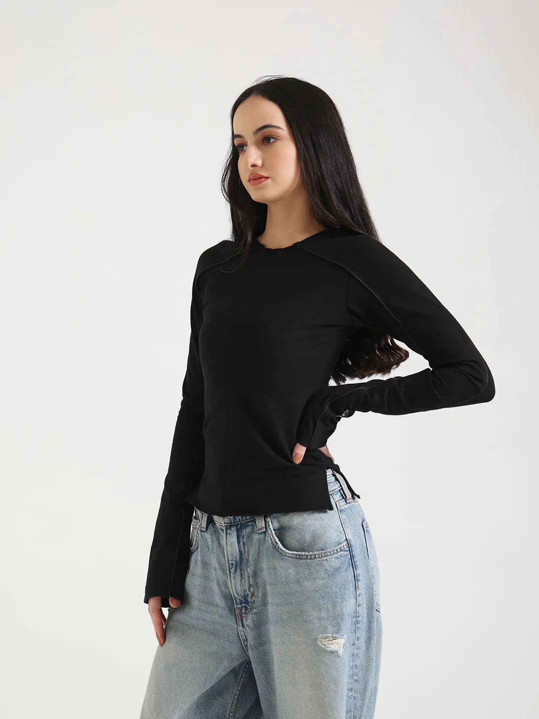 Black Flared Long Sleeve Top
