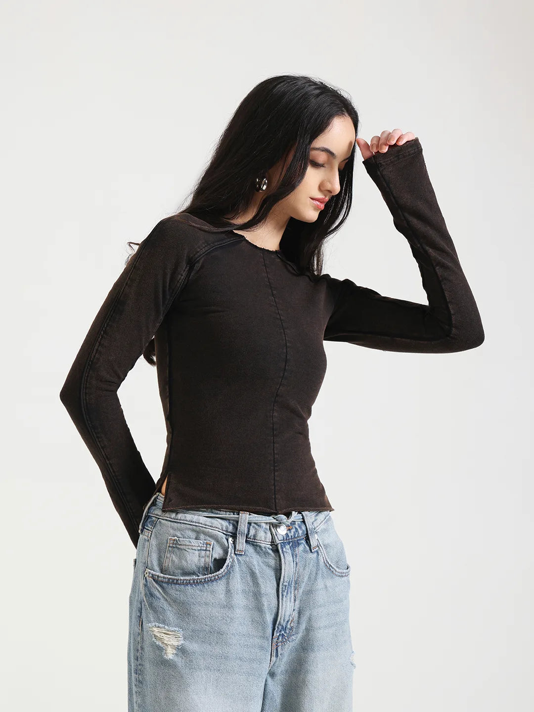 Vintage Brown Flared Long Sleeve Top