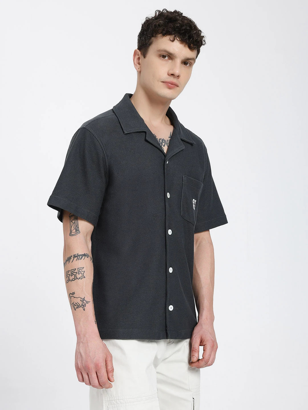 Grey Textured Bowling Shirt
