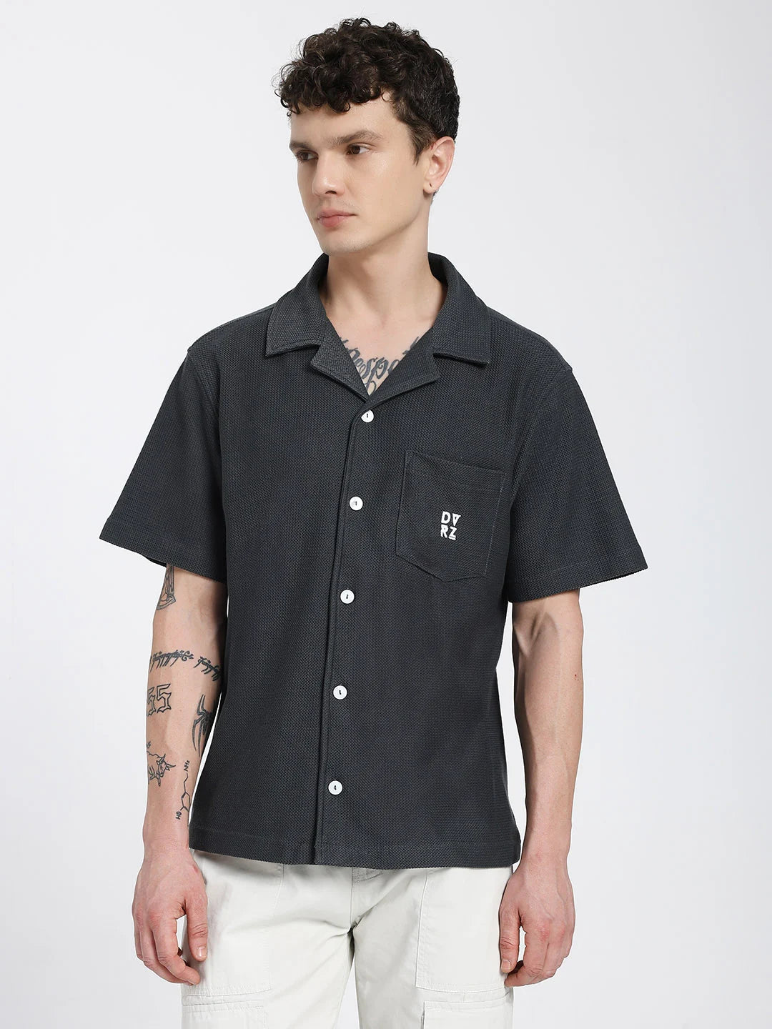 Grey Textured Bowling Shirt