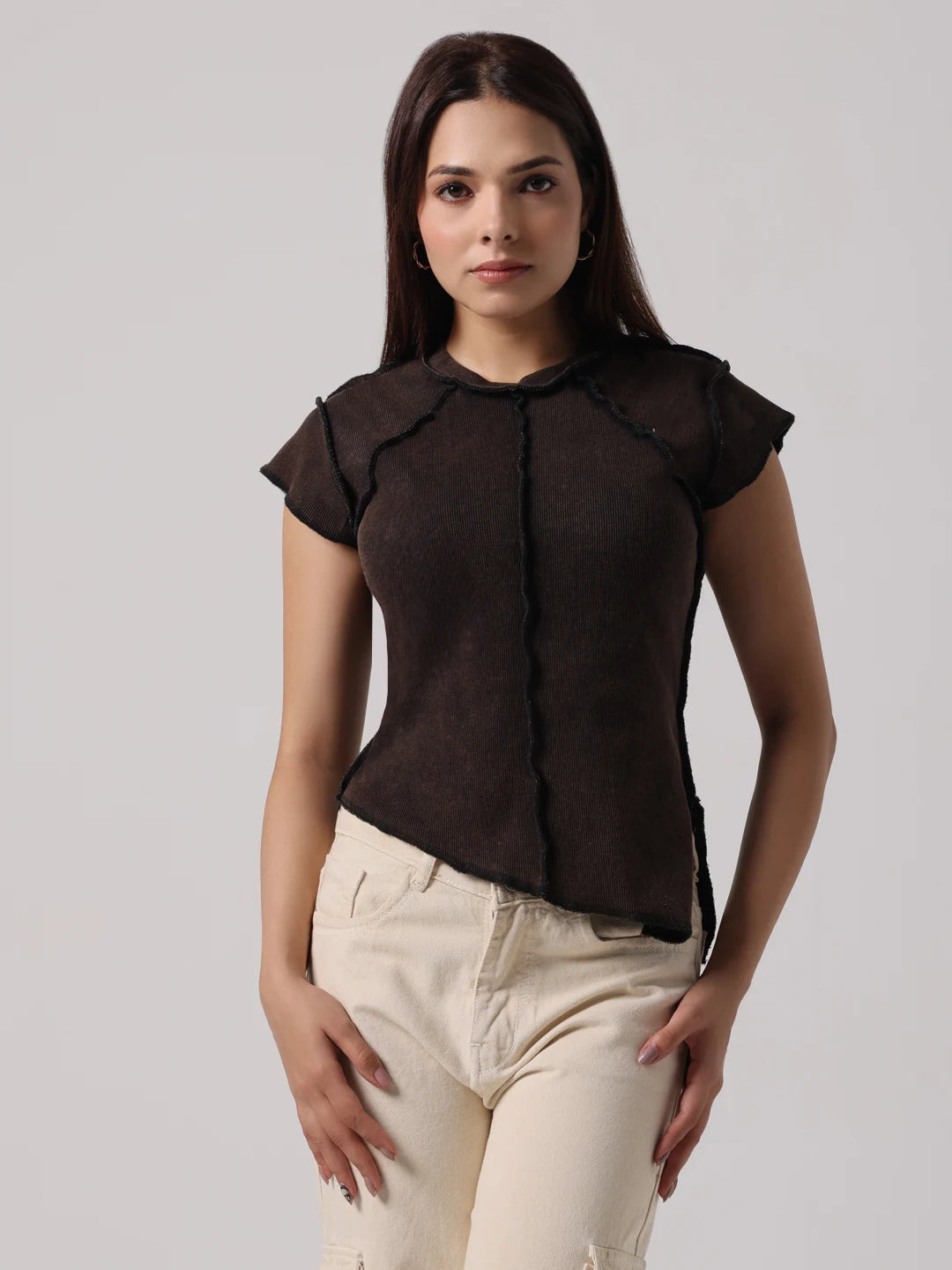 Mocha Reversible Exposed Stitch Top