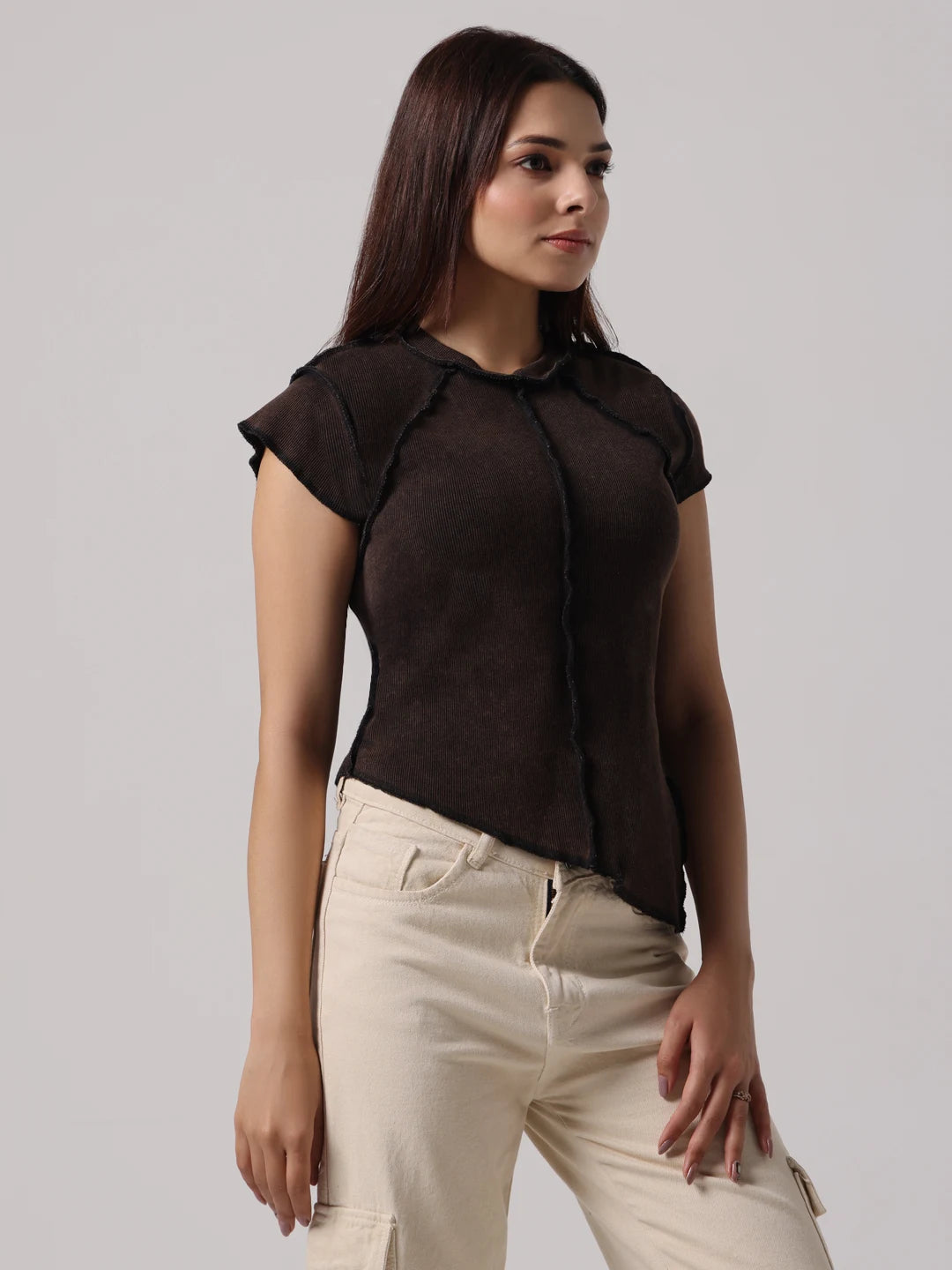 Mocha Reversible Exposed Stitch Top