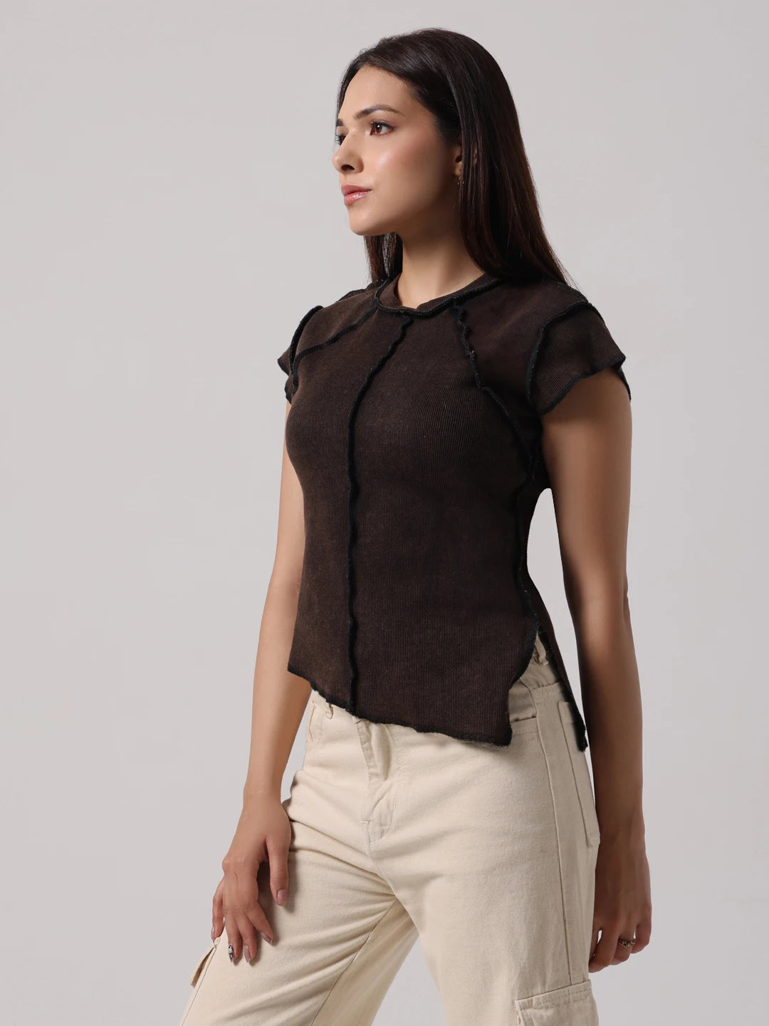 Mocha Reversible Exposed Stitch Top
