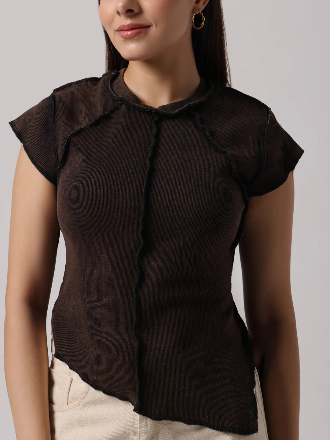 Mocha Reversible Exposed Stitch Top