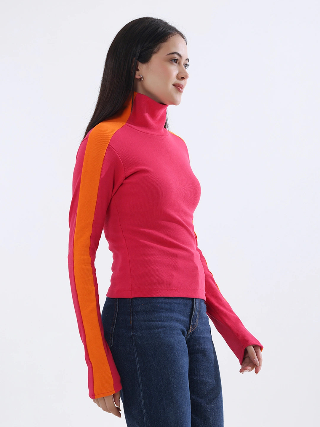 Pink Contrast Stripe Long Sleeve Top