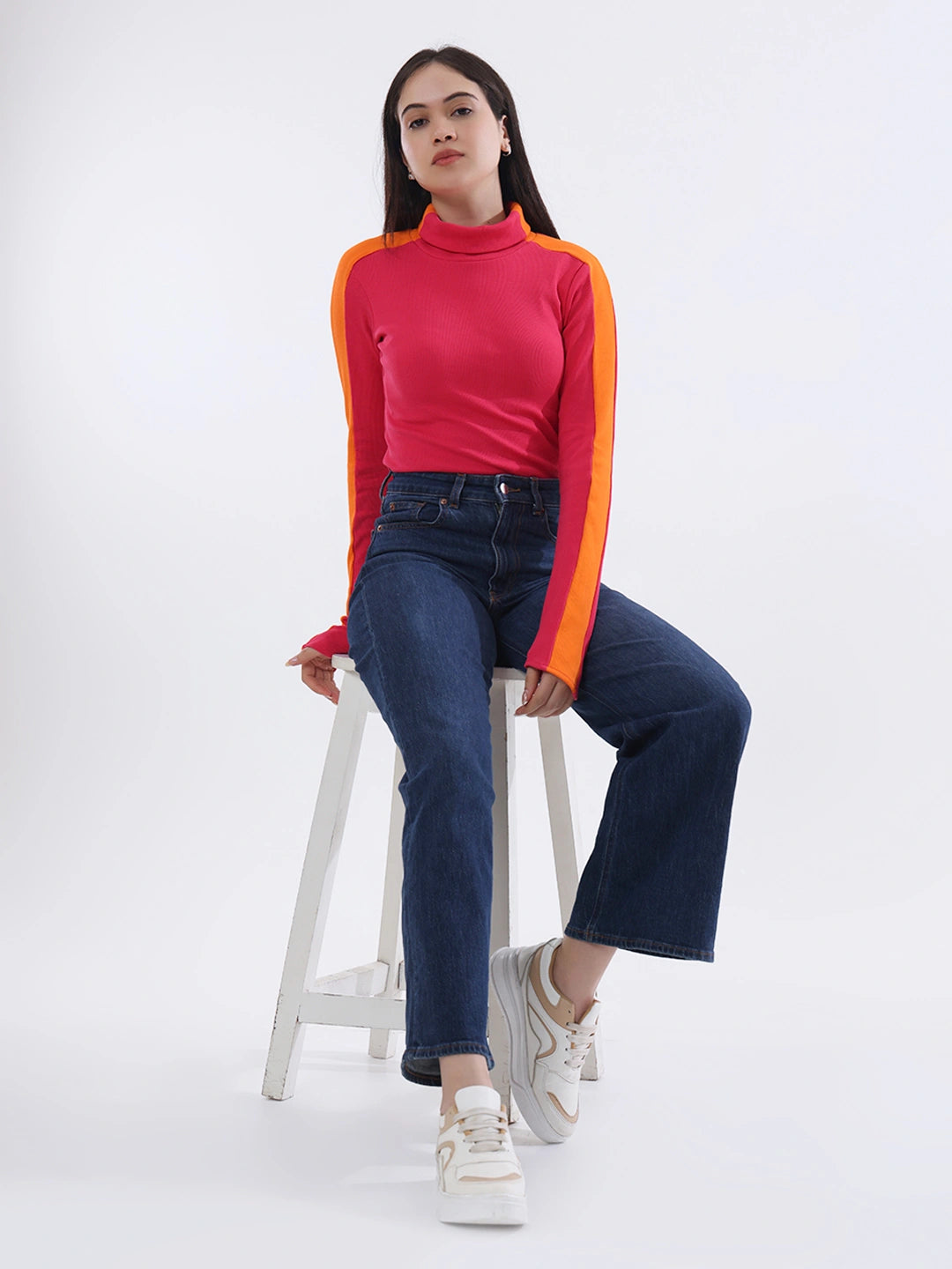 Pink Contrast Stripe Long Sleeve Top