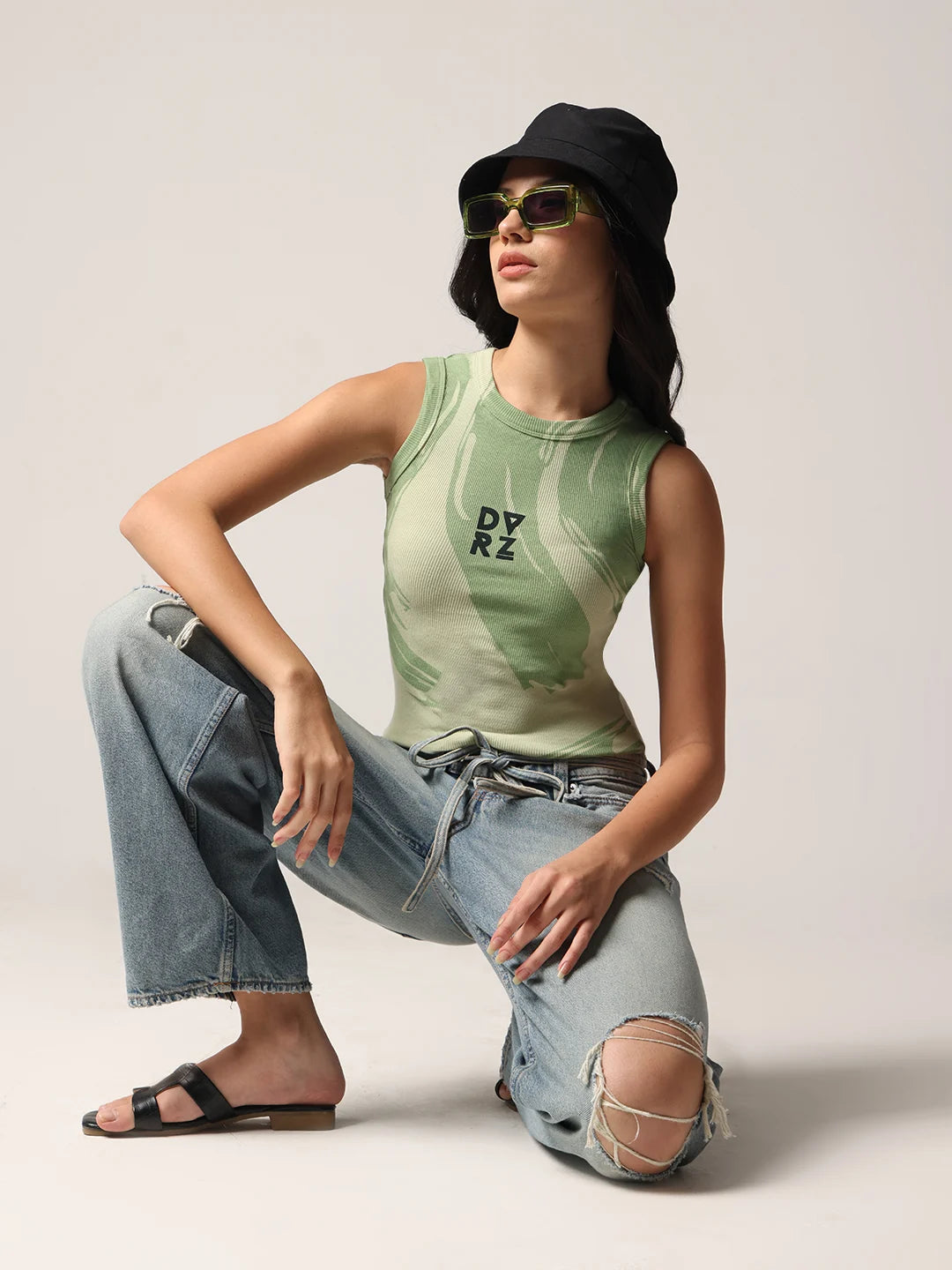 Sage Green Printed Tank Top