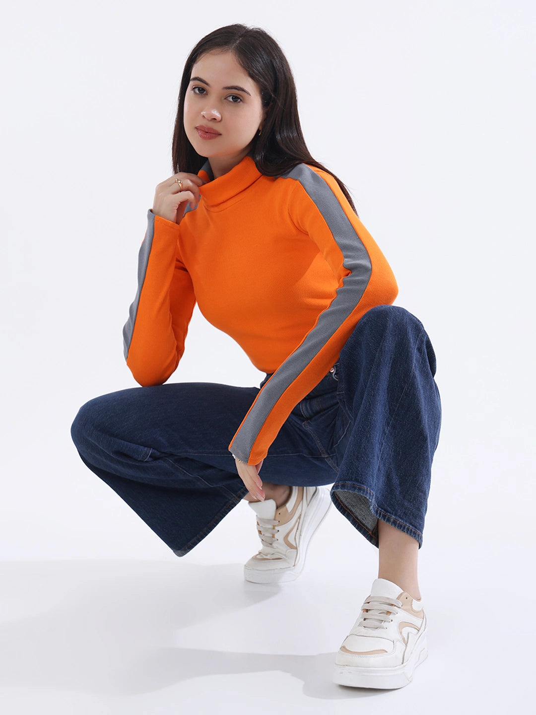 Tangerine Contrast Stripe Long Sleeve Top