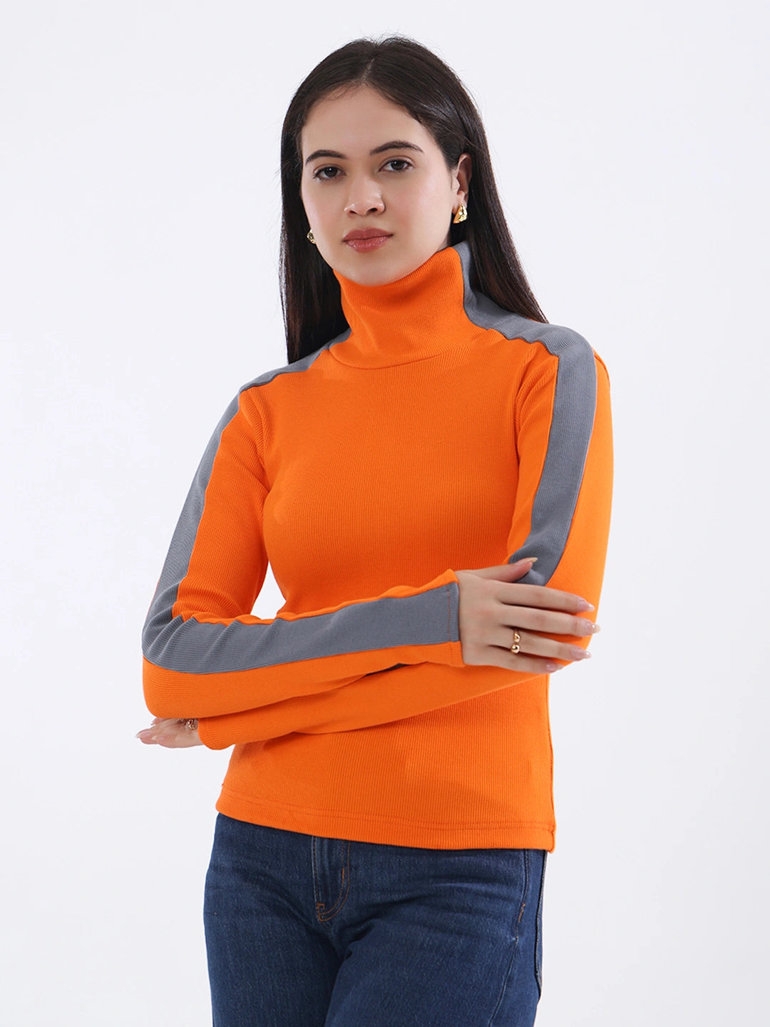 Tangerine Contrast Stripe Long Sleeve Top