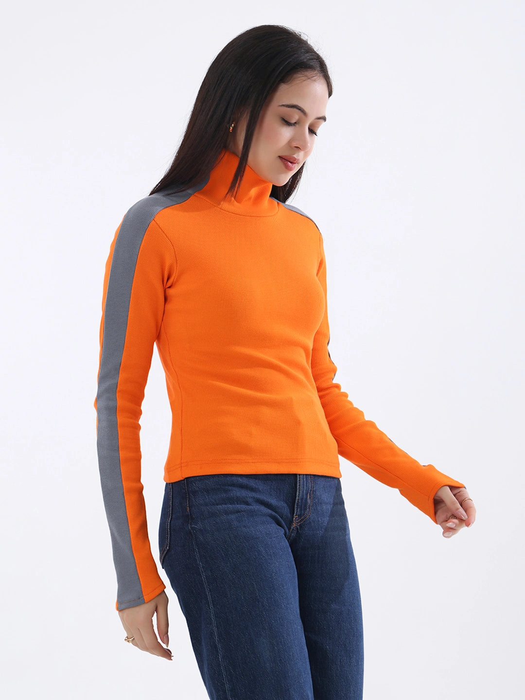 Tangerine Contrast Stripe Long Sleeve Top