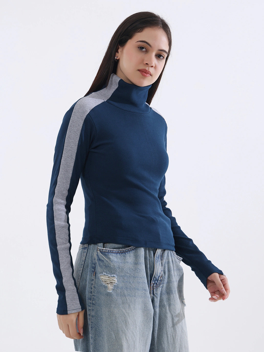 Teal Contrast Stripe Long Sleeve Top